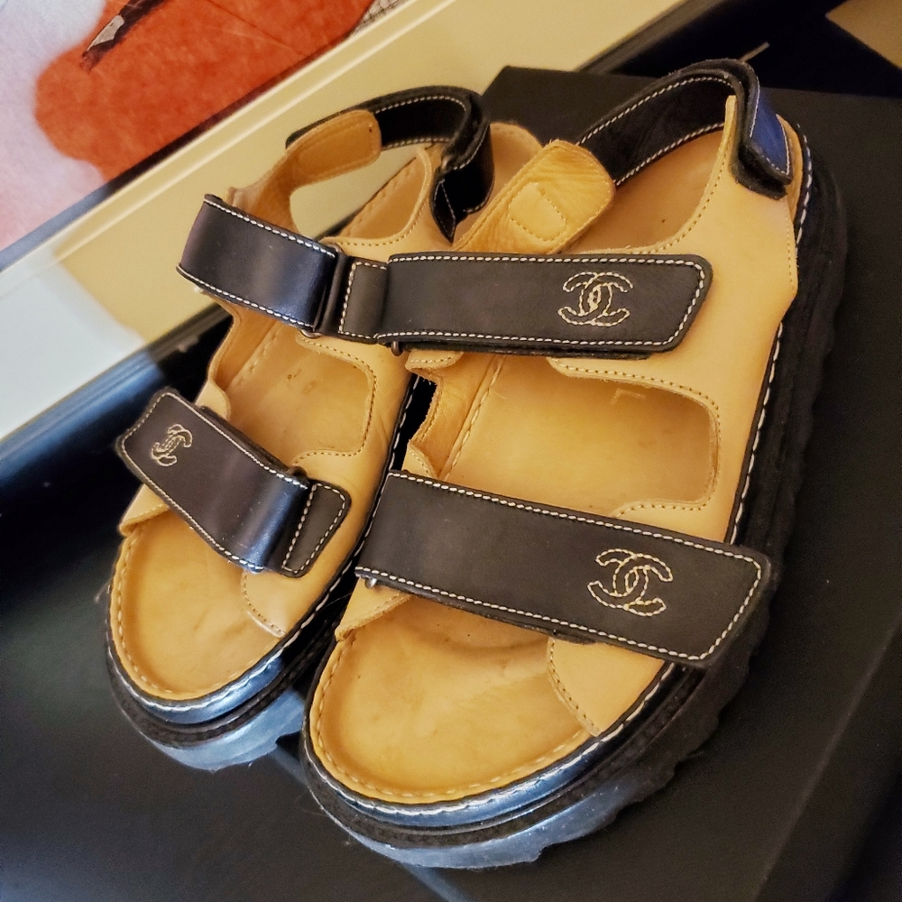 Vintage Chanel Black Leather Dad Sandals